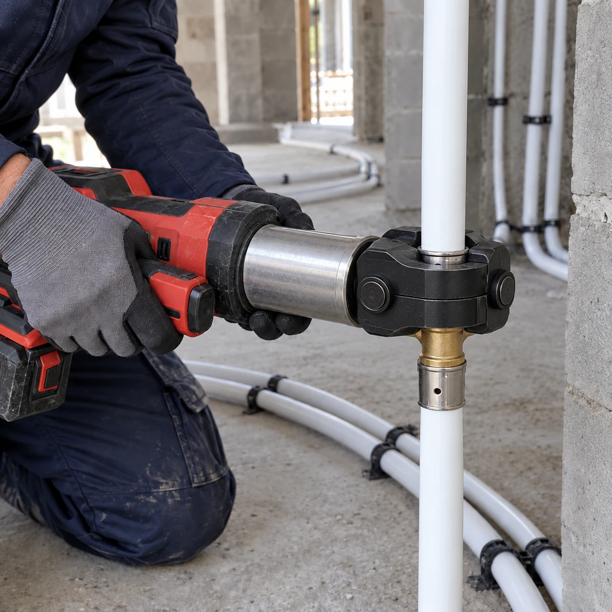 Een monteur perst een fitting op een meerlagenbuis in een woning in aanbouw
