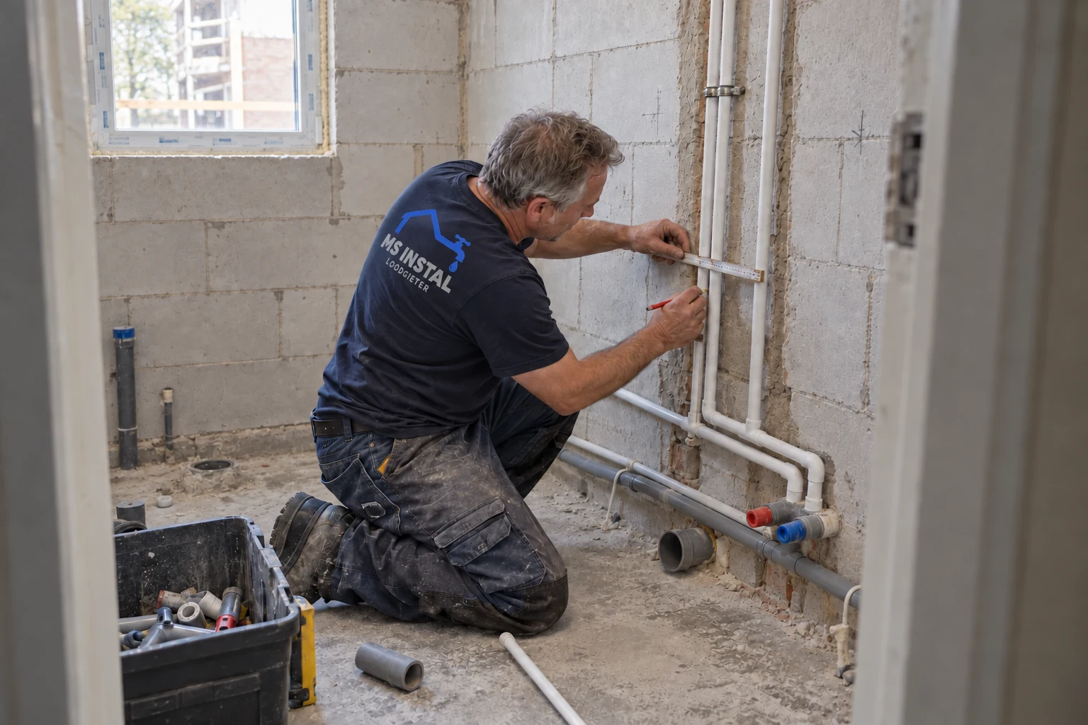 Loodgieter meet waterleidingen in een badkamer in een woning in aanbouw