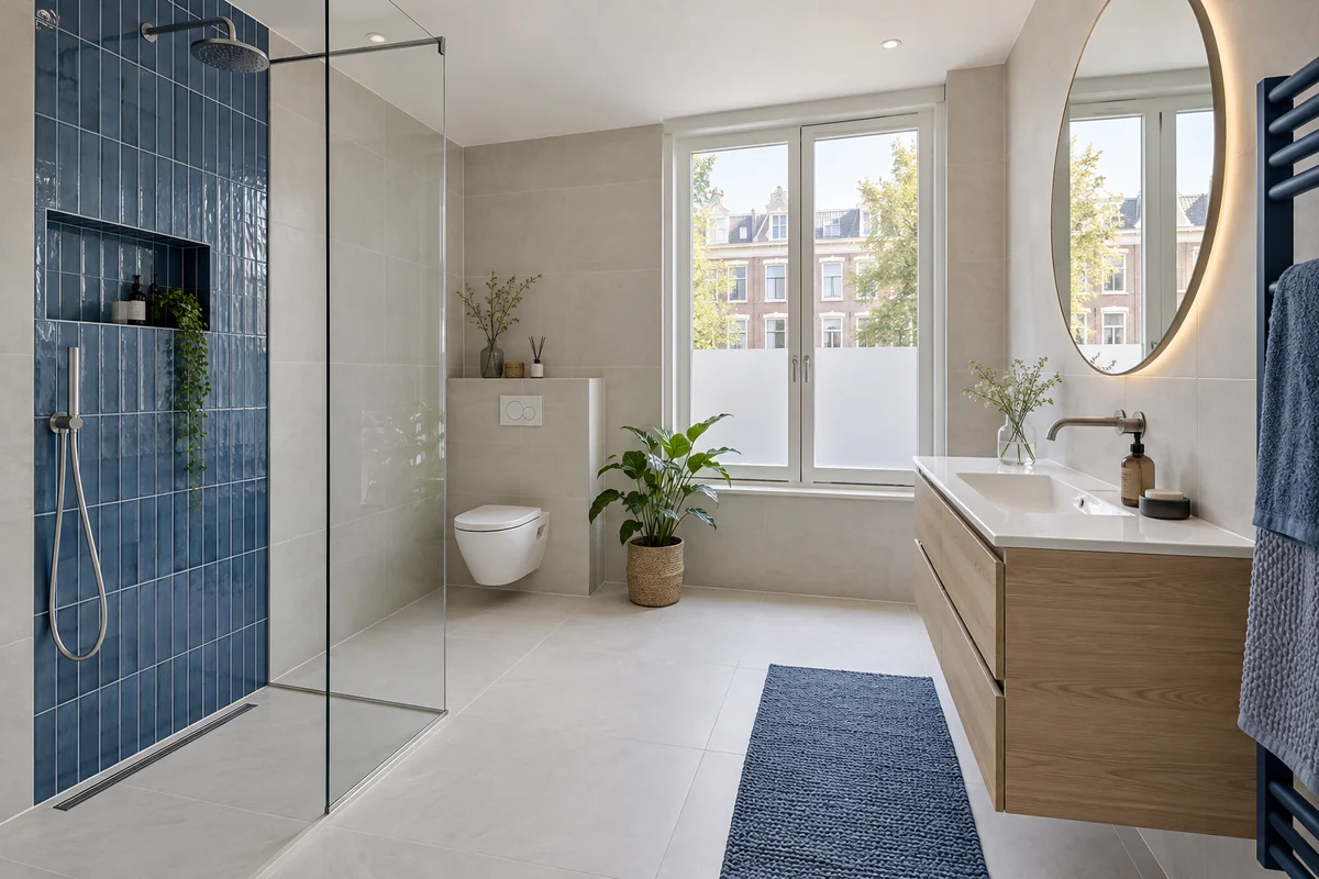 Illustratieve badkamer met inloopdouche en wastafel