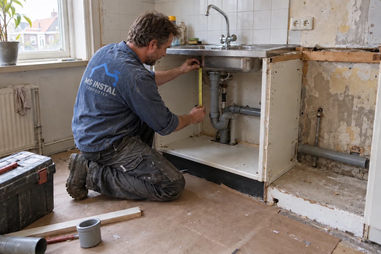 Loodgieter meet de afvoer onder een gootsteen in een keuken tijdens renovatie