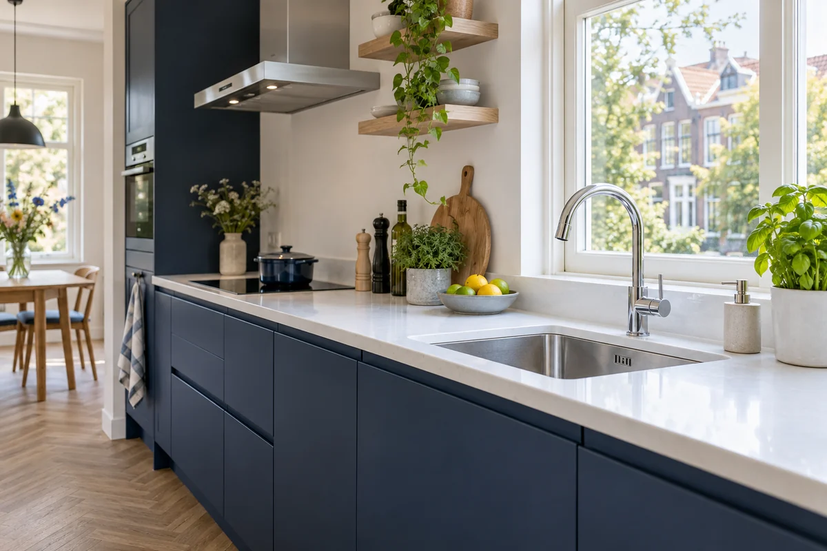 Illustratieve keuken met blauwe kastjes, een spoelbak en een kraan
