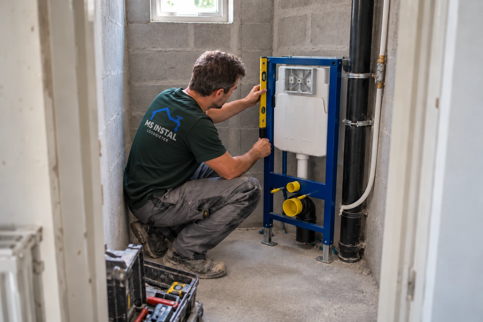 Monteur controleert een WC-inbouwframe met een waterpas in een woning in aanbouw