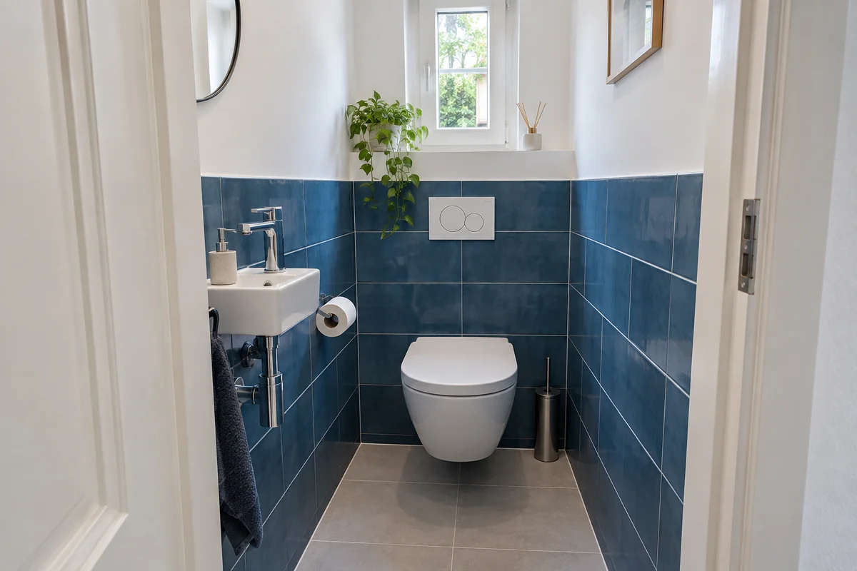 Illustratieve toiletruimte met wandcloset en fonteintje